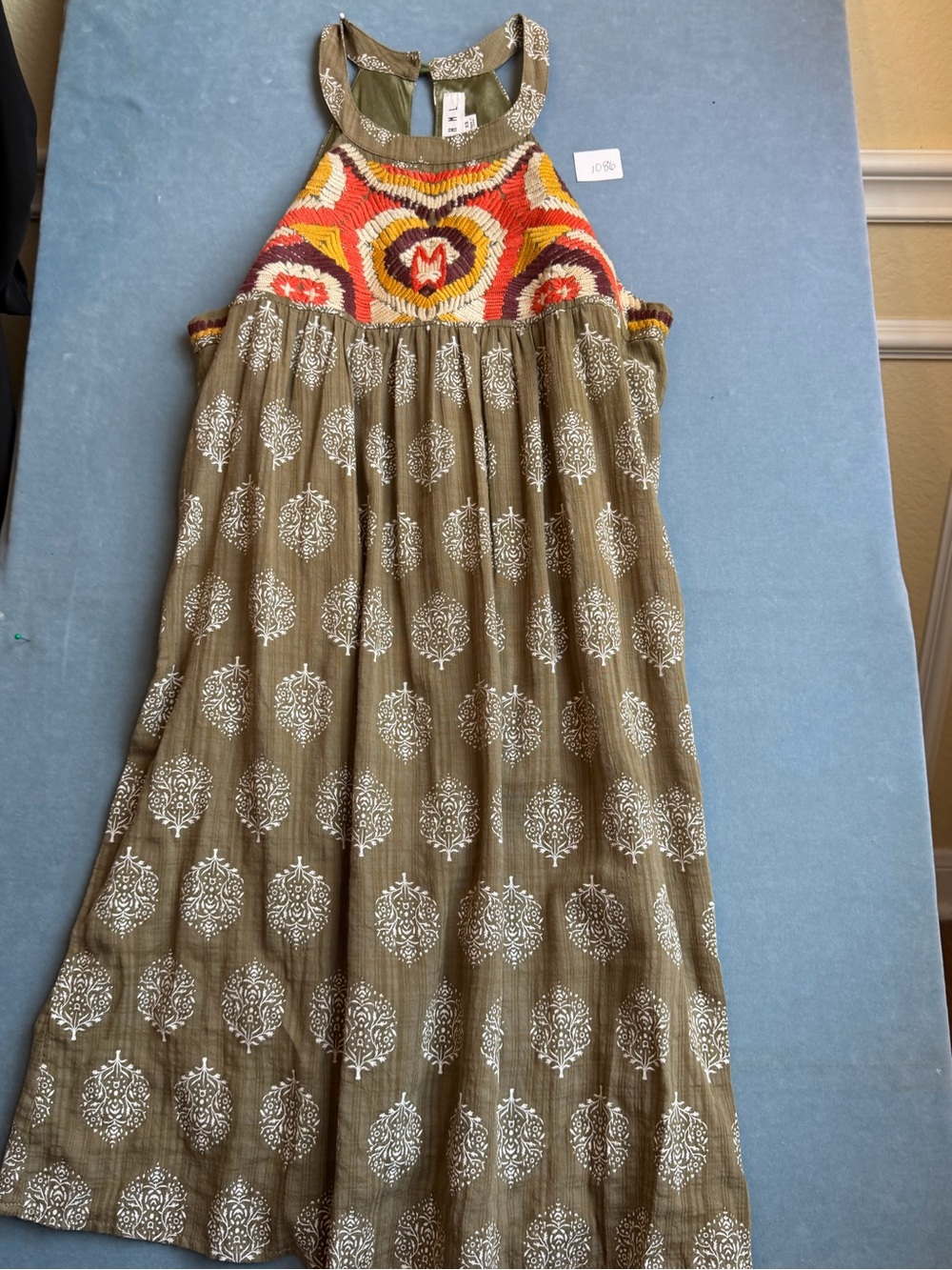 HML  Size XS Olive Green Printed Dress with Colorful Smocked Yoke